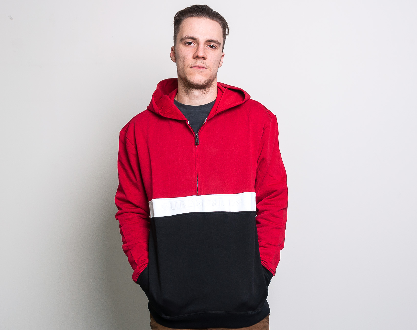 Mikina Guess Isaac HZ Hoodie Red and Black/White F59E